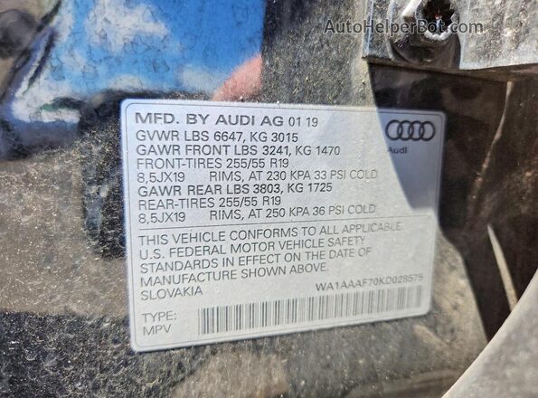 WA1AAAF70KD028575 2019 AUDI Q7 Black Vista de la etiqueta del VIN