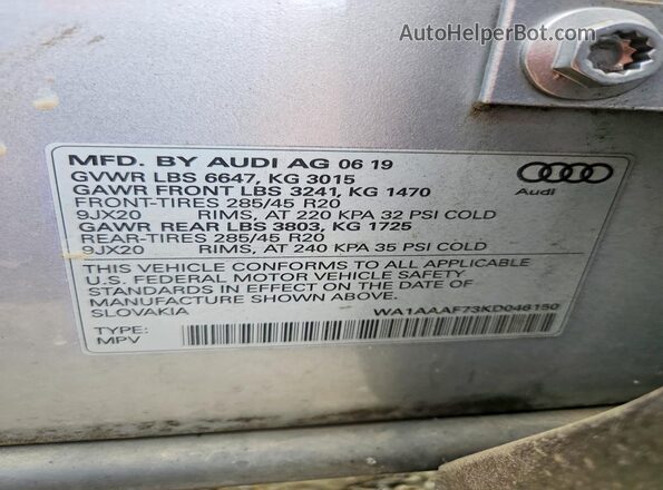 WA1AAAF73KD046150 2019 AUDI Q7 Silver VIN կոդի պիտակի տեսք