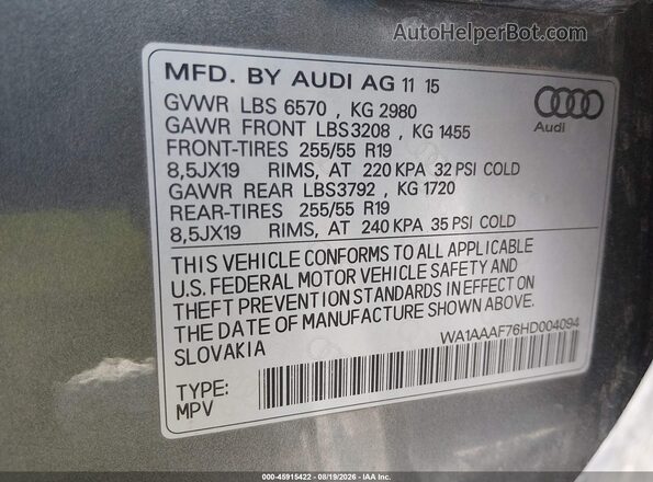 WA1AAAF76HD004094 2017 AUDI Q7 Gray Widok komory silnika