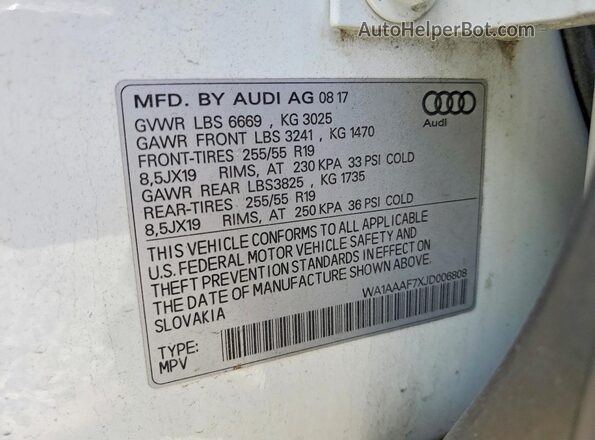 WA1AAAF7XJD006808 2018 AUDI Q7 White VIN կոդի պիտակի տեսք