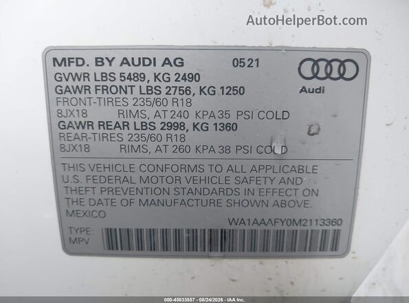 WA1AAAFY0M2113360 2021 AUDI Q5 White Вид підкапотного простору