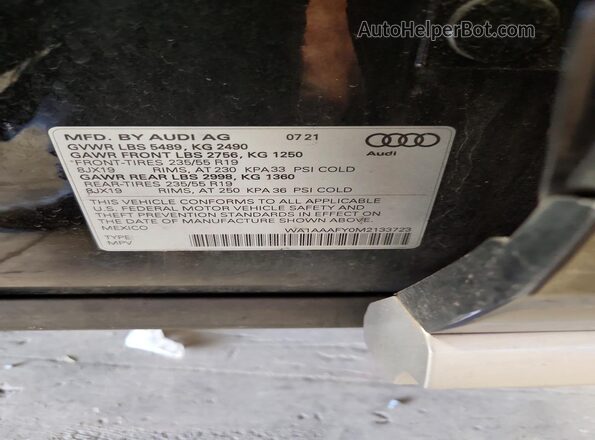 WA1AAAFY0M2133723 2021 AUDI Q5 Черный Вид наклейки с VIN-кодом