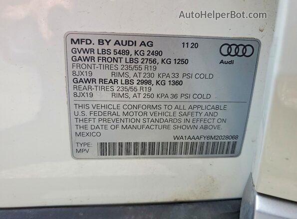 WA1AAAFY6M2028068 2021 AUDI Q5 White VIN կոդի պիտակի տեսք