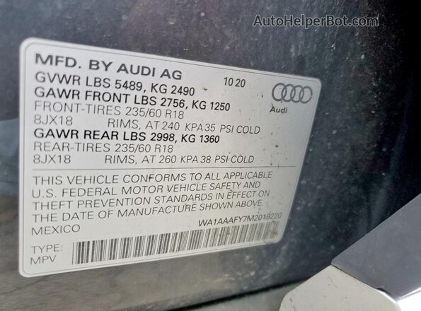 WA1AAAFY7M2019220 2021 AUDI Q5 Charcoal VIN sticker view