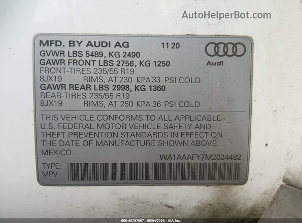 WA1AAAFY7M2024482 2021 AUDI Q5 White Շարժիչի բաժամունքի տեսք