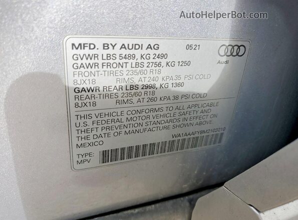 WA1AAAFY8M2103210 2021 AUDI Q5 Silver VIN կոդի պիտակի տեսք