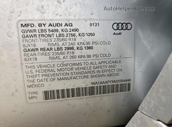 WA1AAAFYXM2054446 2021 AUDI Q5 Silver Widok naklejki z numerem VIN
