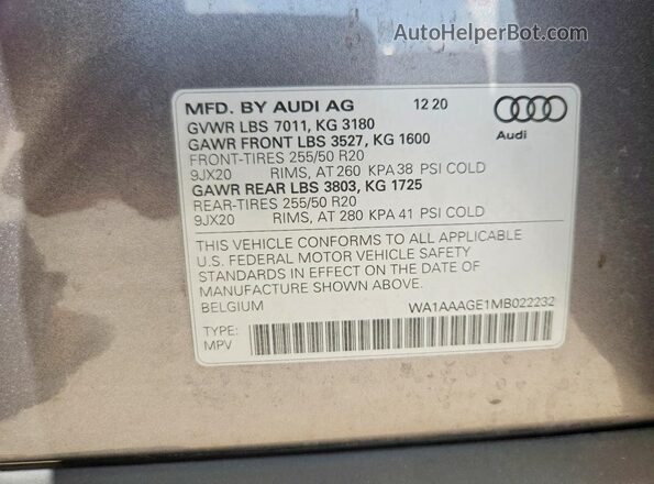 WA1AAAGE1MB022232 2021 AUDI E-TRON Gray ძრავის განყოფილების ხედი