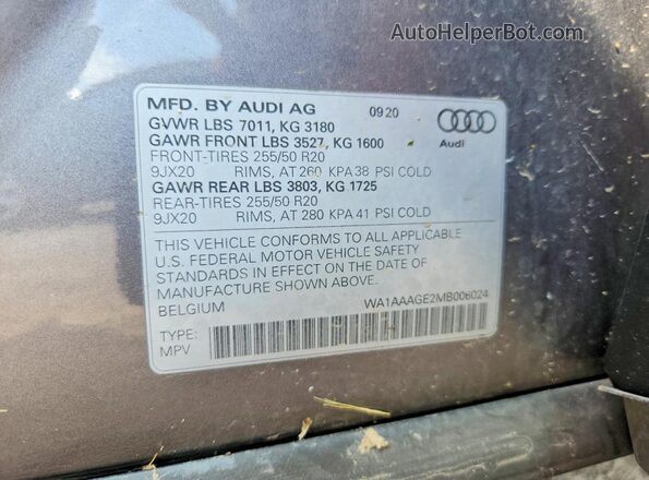WA1AAAGE2MB006024 2021 AUDI E-TRON Gray Widok naklejki z numerem VIN