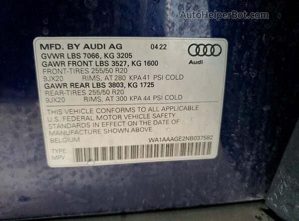 WA1AAAGE2NB037582 2022 AUDI E-TRON Blue Vista de la etiqueta del VIN