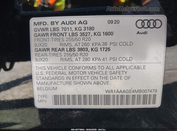 WA1AAAGE4MB007479 2021 AUDI E-TRON Черный Вид наклейки с VIN-кодом