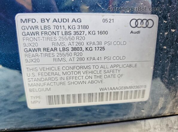 WA1AAAGE8MB038315 2021 AUDI E-TRON Blue Սալոնի 360 աստիճան տեսք