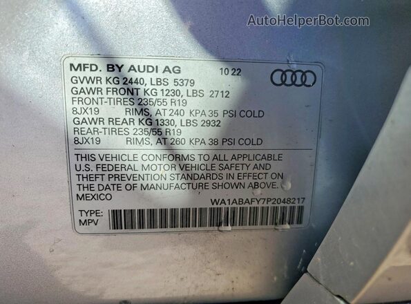 WA1ABAFY7P2048217 2023 AUDI Q5 Silver Widok naklejki z numerem VIN