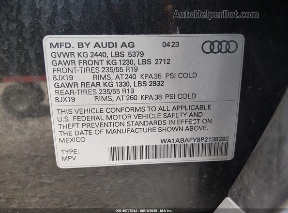 WA1ABAFY8P2138282 2023 AUDI Q5 Black Вид підкапотного простору