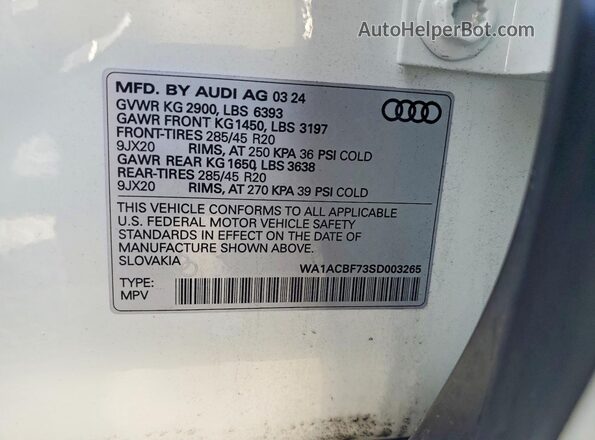WA1ACBF73SD003265 2025 AUDI Q7 White Widok naklejki z numerem VIN