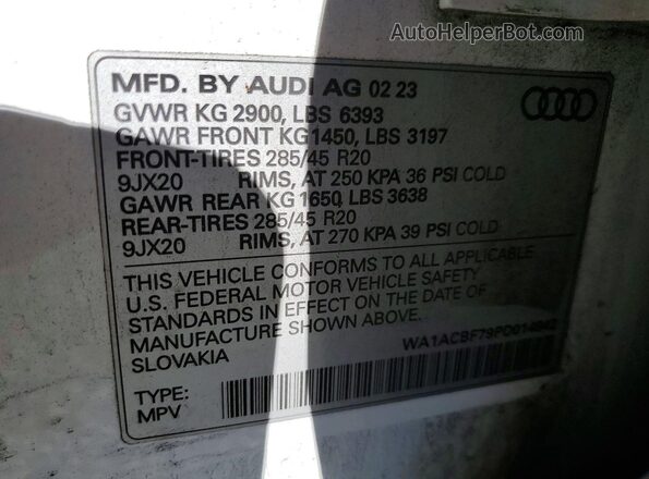 WA1ACBF79PD014942 2023 AUDI Q7 White VIN կոդի պիտակի տեսք