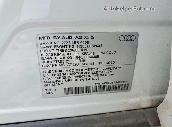 WA1ACBFZ1PP032917 2023 AUDI Q4 White Vista de la etiqueta del VIN