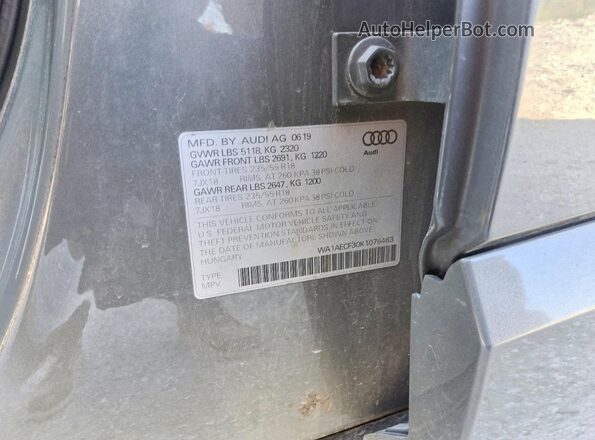 WA1AECF30K1076463 2019 AUDI Q3 Gray Widok wnętrza 360 stopni