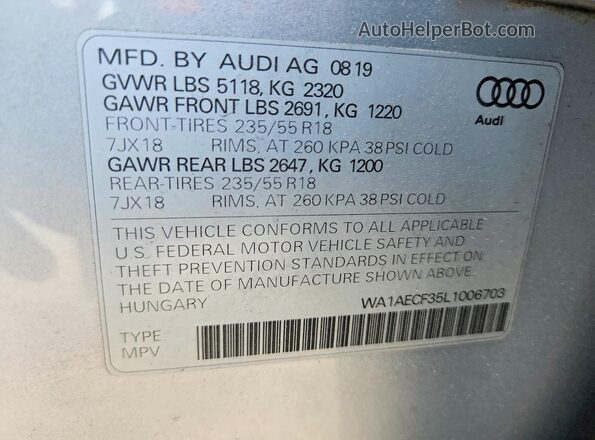 WA1AECF35L1006703 2020 AUDI Q3 Silver VIN sticker view