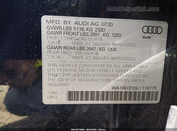 WA1AECF39L1118775 2020 AUDI Q3 Dark Blue ძრავის განყოფილების ხედი