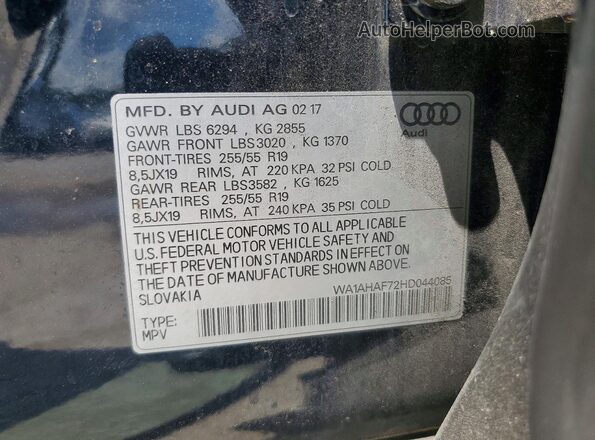 WA1AHAF72HD044085 2017 AUDI Q7 Blue Vista de la etiqueta del VIN