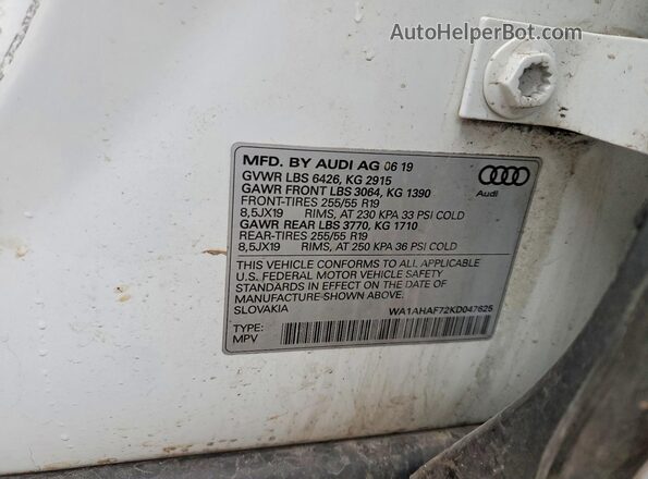 WA1AHAF72KD047625 2019 AUDI Q7 White Widok naklejki z numerem VIN