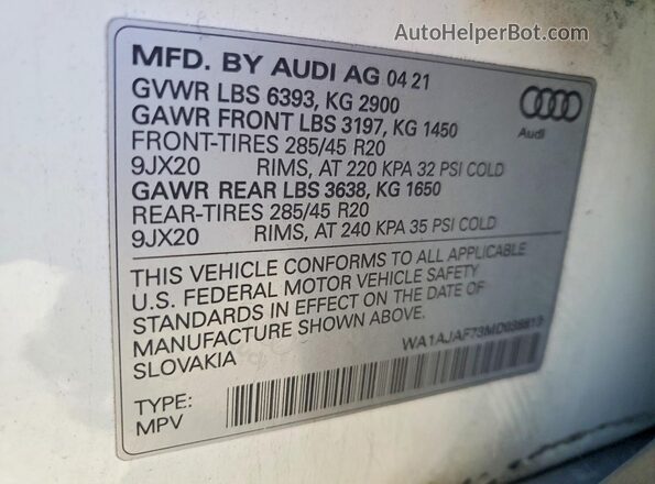 WA1AJAF73MD038813 2021 AUDI Q7 White VIN sticker view