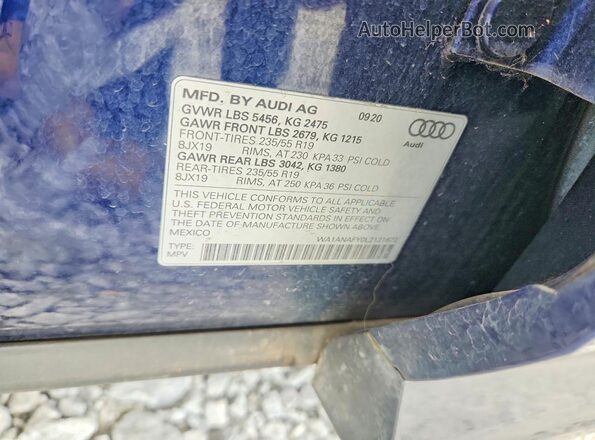 WA1ANAFY0L2121672 2020 AUDI Q5 Blue Vista de la etiqueta del VIN