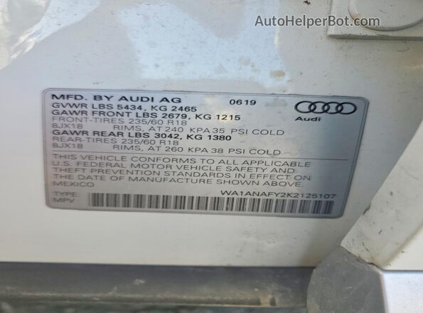 WA1ANAFY2K2125107 2019 AUDI Q5 White Vista de la etiqueta del VIN