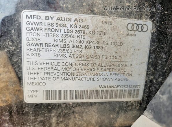 WA1ANAFY2K2128671 2019 AUDI Q5 Black Widok naklejki z numerem VIN