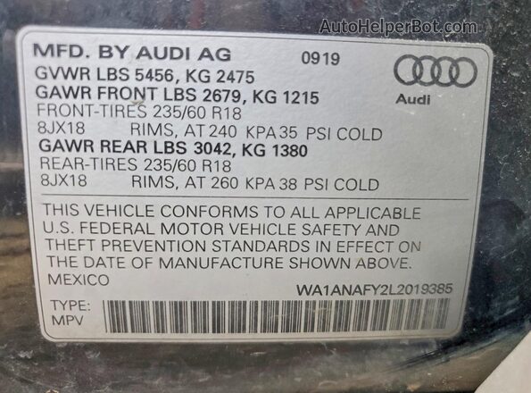 WA1ANAFY2L2019385 2020 AUDI Q5 Gray VIN կոդի պիտակի տեսք