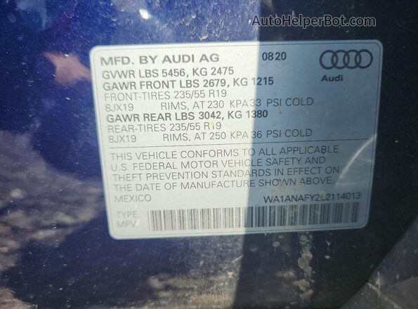 WA1ANAFY2L2114013 2020 AUDI Q5 Blue VIN կոդի պիտակի տեսք