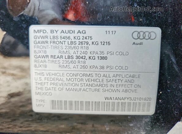 WA1ANAFY3J2101820 2018 AUDI Q5 Black Widok naklejki z numerem VIN