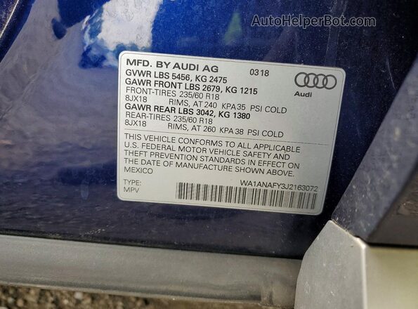 WA1ANAFY3J2163072 2018 AUDI Q5 Blue Vista interior de 360 grados
