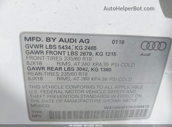 WA1ANAFY3K2054418 2019 AUDI Q5 Белый Вид подкапотного пространства