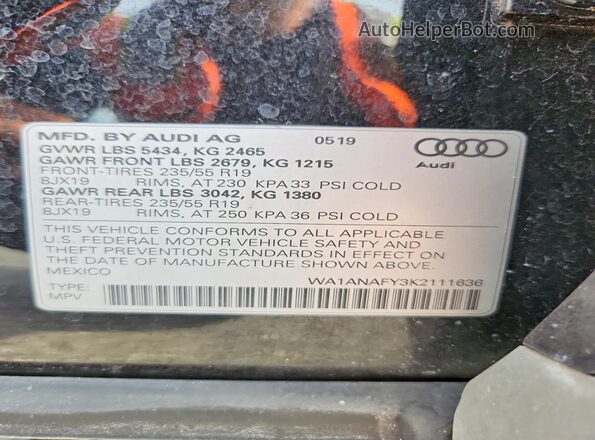 WA1ANAFY3K2111636 2019 AUDI Q5 Black Вид наклейки з VIN-кодом