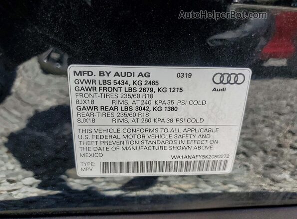 WA1ANAFY5K2090272 2019 AUDI Q5 Black Вид наклейки з VIN-кодом