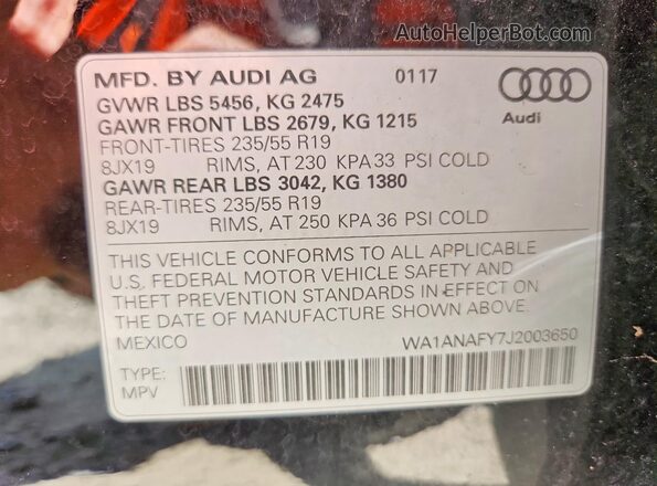 WA1ANAFY7J2003650 2018 AUDI Q5 Black Vista de la etiqueta del VIN