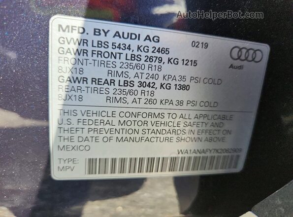 WA1ANAFY7K2062909 2019 AUDI Q5 Черный Вид наклейки с VIN-кодом