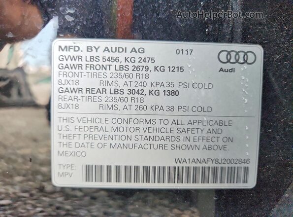 WA1ANAFY8J2002846 2018 AUDI Q5 Black Вид наклейки з VIN-кодом