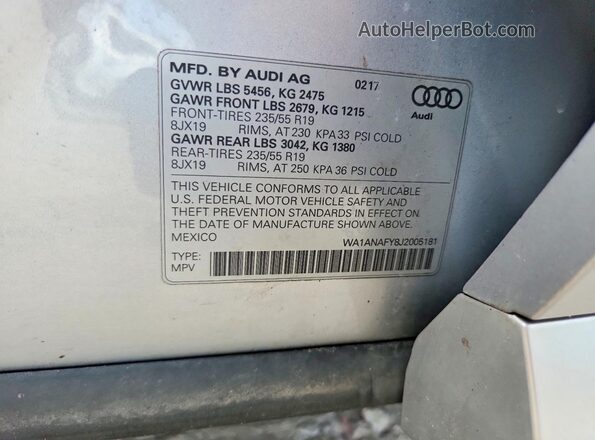 WA1ANAFY8J2005181 2018 AUDI Q5 Silver Widok naklejki z numerem VIN
