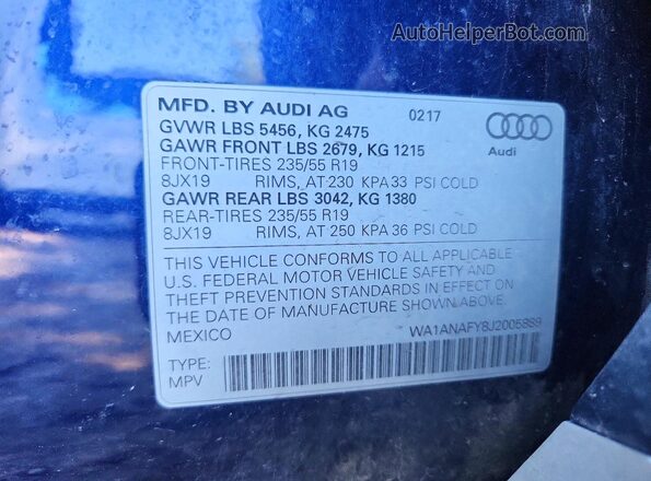 WA1ANAFY8J2005889 2018 AUDI Q5 Blue VIN կոդի պիտակի տեսք