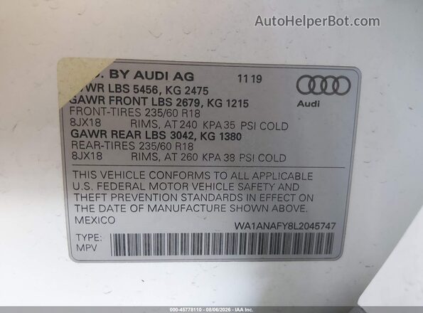 WA1ANAFY8L2045747 2020 AUDI Q5 Белый Вид подкапотного пространства
