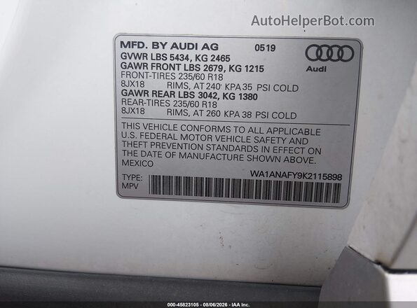 WA1ANAFY9K2115898 2019 AUDI Q5 White Շարժիչի բաժամունքի տեսք