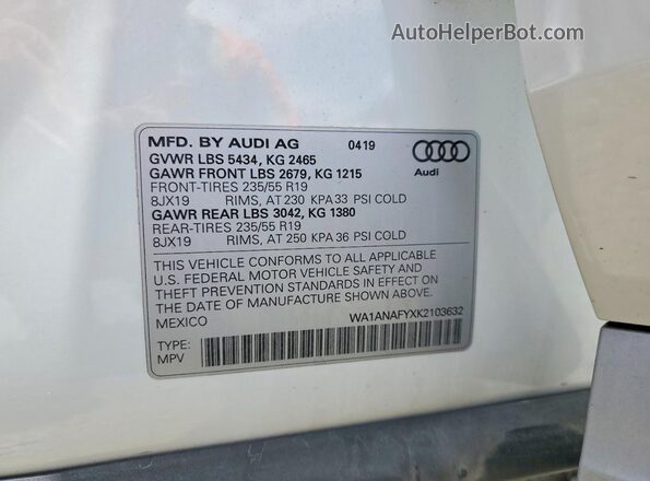 WA1ANAFYXK2103632 2019 AUDI Q5 White Вид наклейки з VIN-кодом