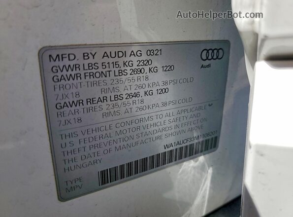 WA1AUCF33M1108201 2021 AUDI Q3 White Widok naklejki z numerem VIN