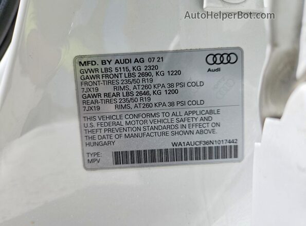 WA1AUCF36N1017442 2022 AUDI Q3 White Вид наклейки з VIN-кодом