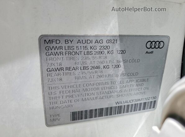 WA1AUCF39M1102130 2021 AUDI Q3 White Widok naklejki z numerem VIN