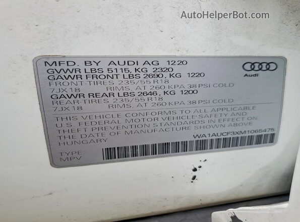 WA1AUCF3XM1065475 2021 AUDI Q3 White სალონის 360-გრადუსიანი ხედი