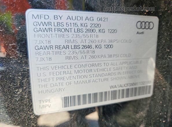 WA1AUCF3XM1132169 2021 AUDI Q3 Черный Вид наклейки с VIN-кодом